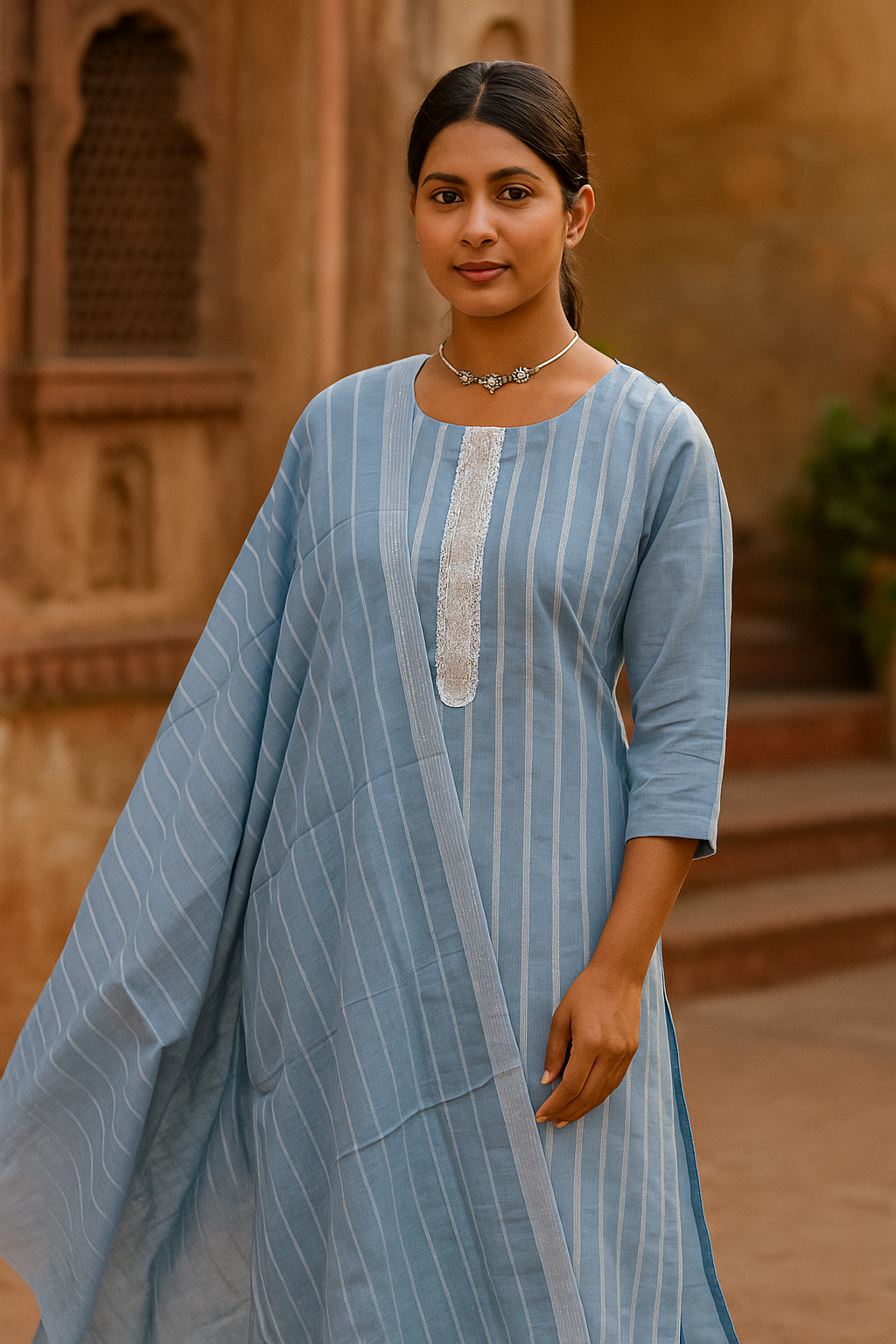 Sky Blue Striped Kurti with Elegant Embroidered Neckline & Dupatta