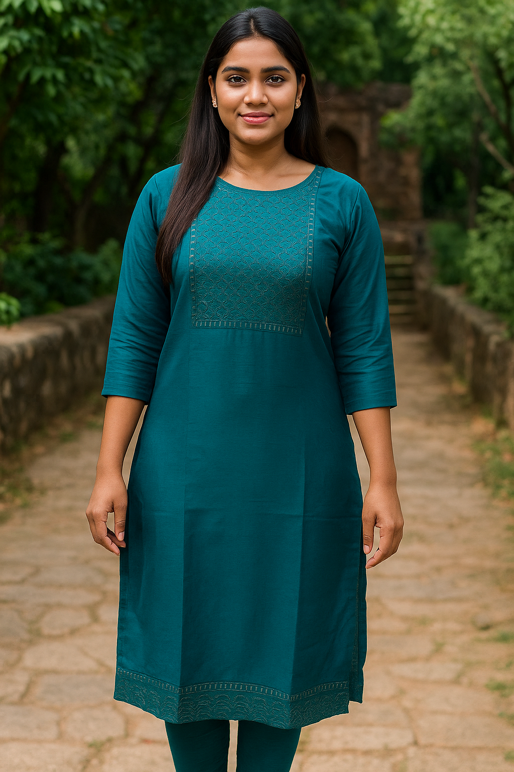 Teal Green Straight Cut Top with Subtle Thread Embroidery