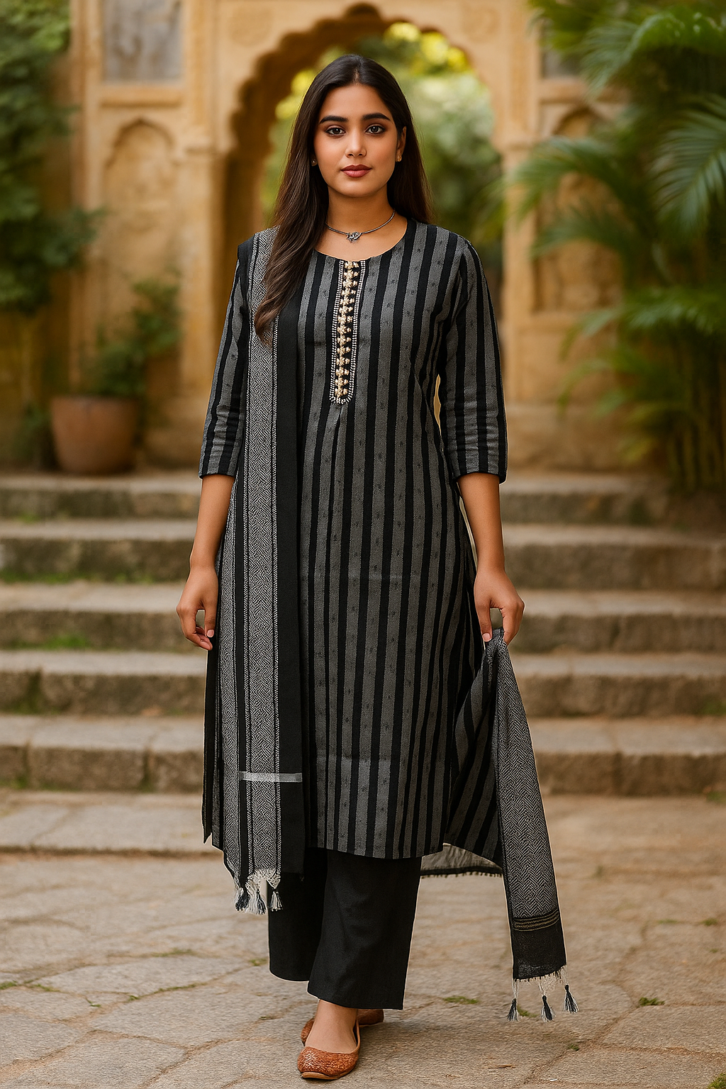 Elegant Charcoal Black Striped Kurti Set