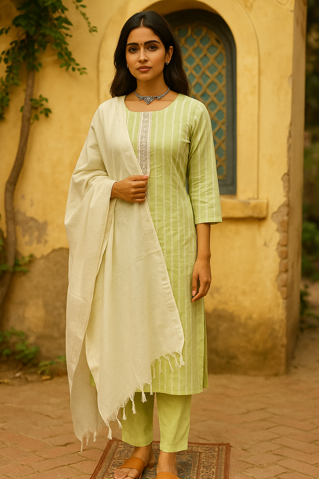 Pastel Green Striped Kurti Set with Embroidered Neckline and Cream Dupatta