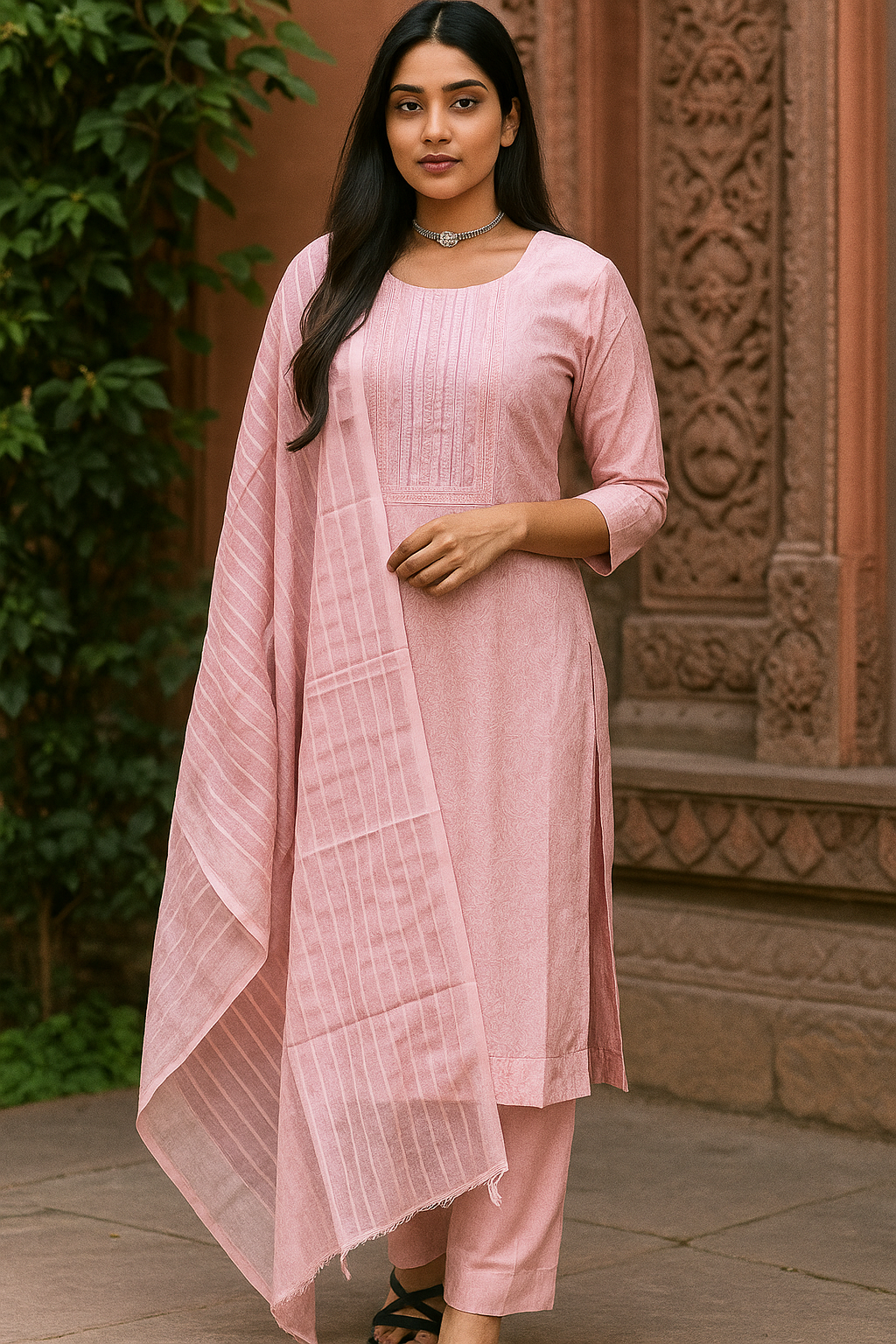 Blush Pink Cotton Kurti Set with Subtle Embroidery and Striped Dupatta