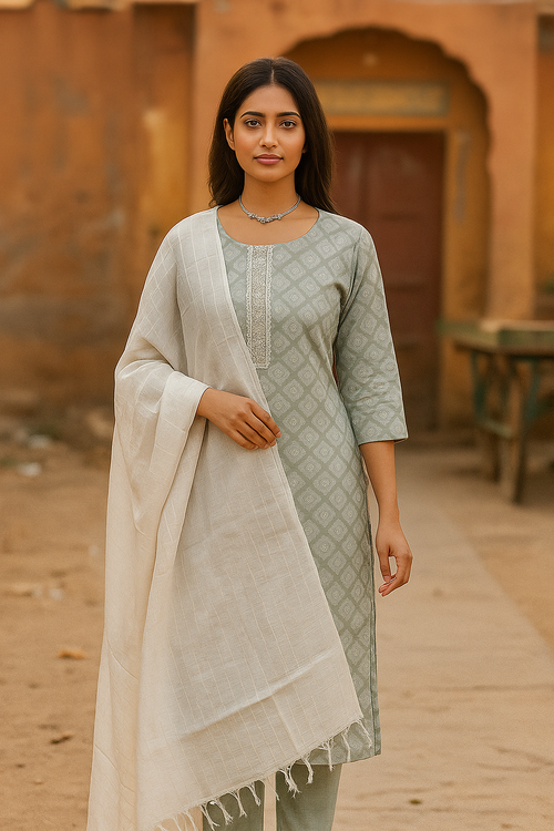 Elegant Grey Ikat Kurthi Set