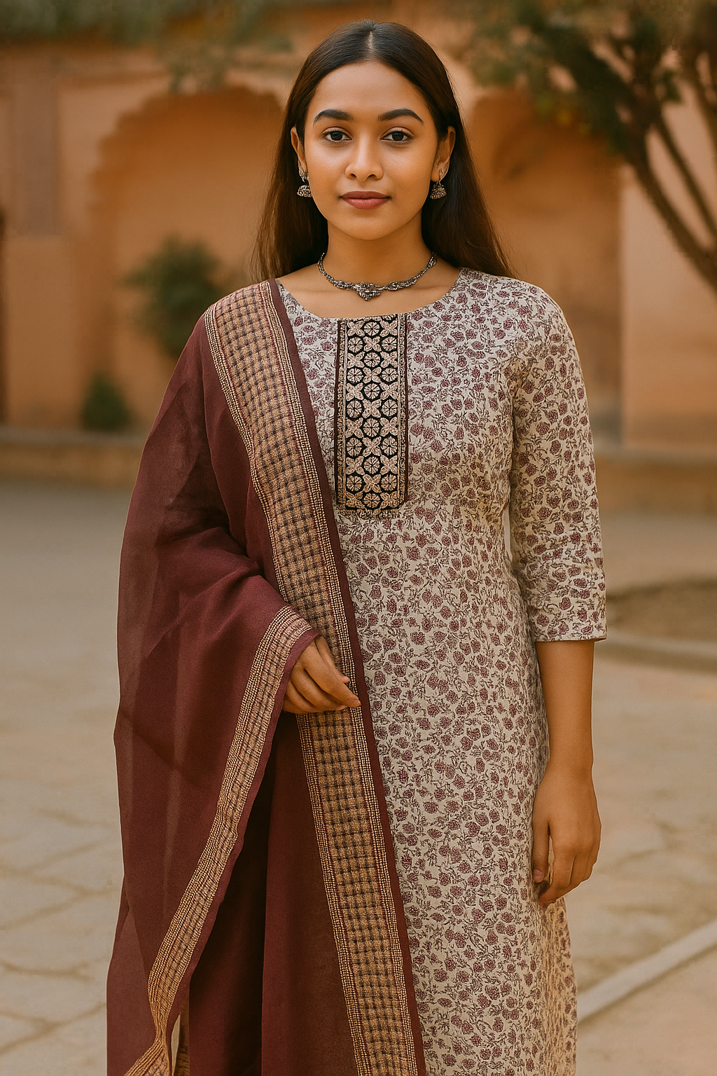 Printed merun and gray color kurti