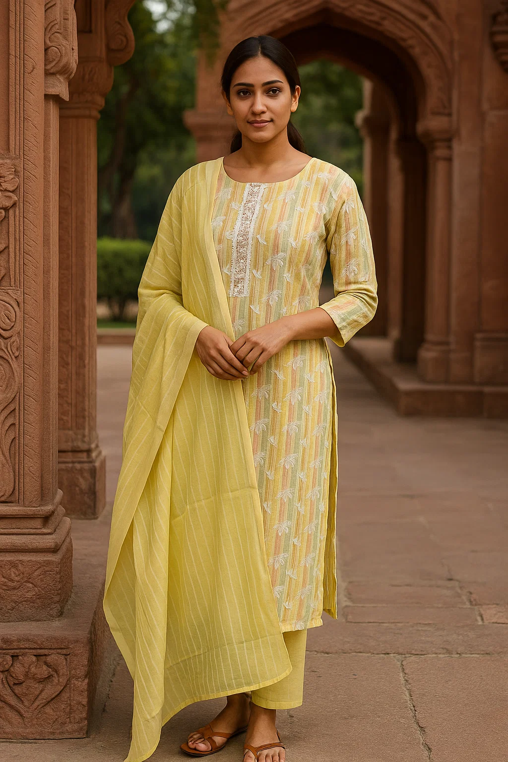 Yellow Lined Printed Cotton Kurthi